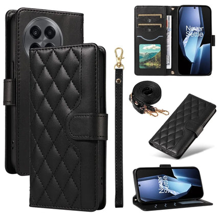 For OnePlus 13R 5G Wallet Case Rhombus Leather Phone Cover with Strap - Black