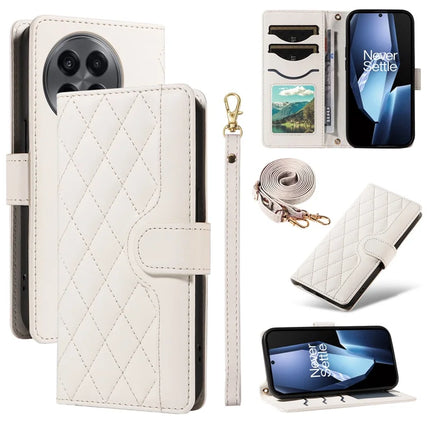 For OnePlus 13R 5G Wallet Case Rhombus Leather Phone Cover with Strap - White