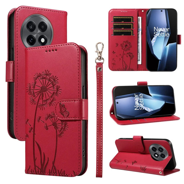 For OnePlus 13R 5G Leather Wallet Case with Strap Dandelion Imprint Phone Stand Cover - Red