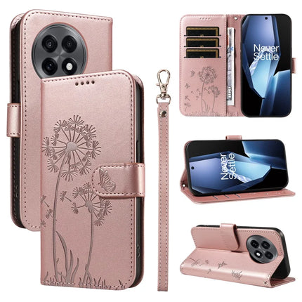 For OnePlus 13R 5G Leather Wallet Case with Strap Dandelion Imprint Phone Stand Cover - Rose Gold
