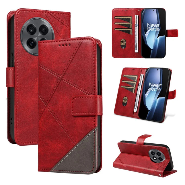 For OnePlus 13R 5G Leather Case Geometric Line Design Wallet Phone Cover with Wrist Strap - Red