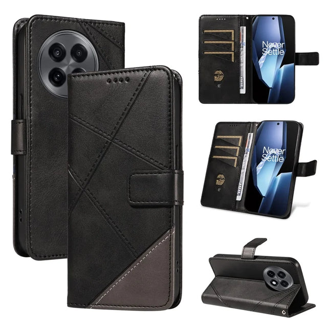 For OnePlus 13R 5G Leather Case Geometric Line Design Wallet Phone Cover with Wrist Strap - Black