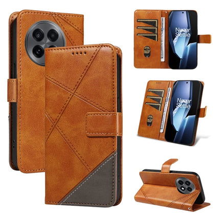 For OnePlus 13R 5G Leather Case Geometric Line Design Wallet Phone Cover with Wrist Strap - Brown