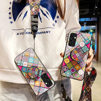 For Samsung Galaxy A56 5G Case Kickstand Ethnic Pattern Tempered Glass Phone Cover with Strap
