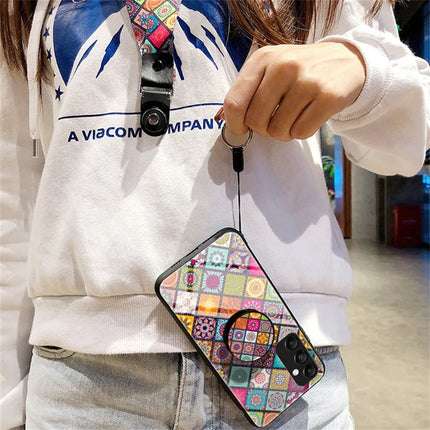 For Samsung Galaxy A36 5G Case Kickstand Ethnic Pattern Tempered Glass Phone Cover with Strap