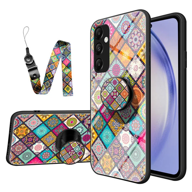 For Samsung Galaxy A36 5G Case Kickstand Ethnic Pattern Tempered Glass Phone Cover with Strap - Checkered Pattern