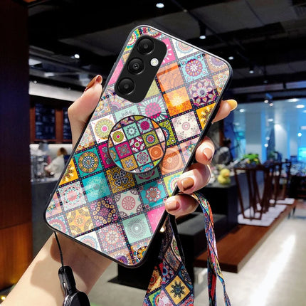 For Samsung Galaxy A36 5G Case Kickstand Ethnic Pattern Tempered Glass Phone Cover with Strap