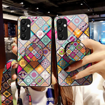 For Samsung Galaxy A36 5G Case Kickstand Ethnic Pattern Tempered Glass Phone Cover with Strap
