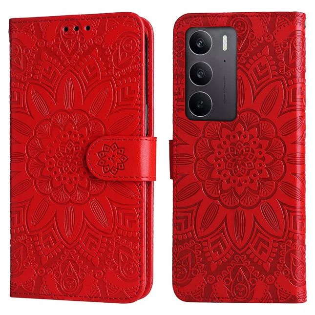 For Realme C75 / 14x 5G Case Sunflower Imprint Leather Wallet Phone Cover - Red