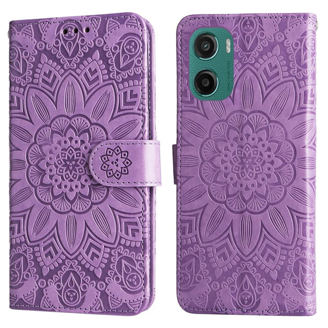 For Motorola Moto G05 4G / E15 4G Case Sunflower Imprint Leather Wallet Phone Cover - Purple