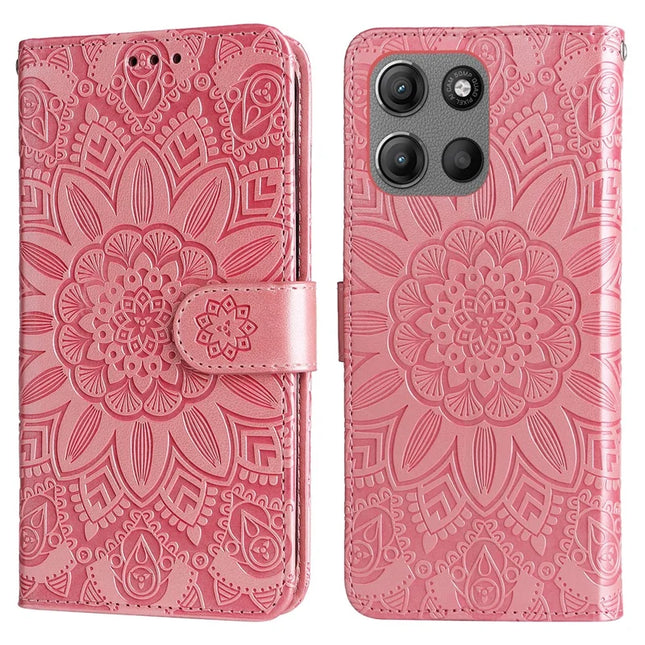 Wallet Case for Motorola Moto G15 4G / G15 Power 4G Leather Phone Cover Sunflower Imprint - Pink