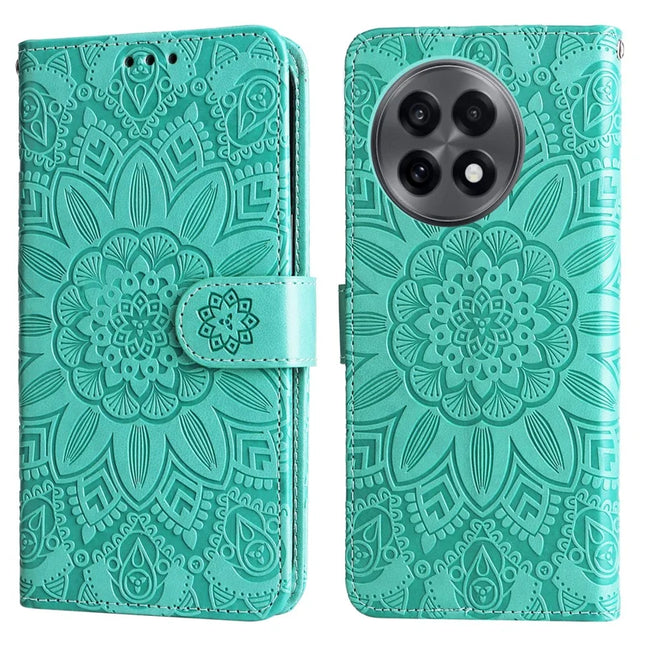 Wallet Case for OnePlus 13R 5G / Ace 5 5G / Ace 5 Pro 5G Leather Phone Cover Sunflower Imprint - Green