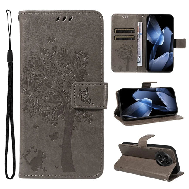 For OnePlus 13 Leather Phone Case Cat Tree Pattern Design Wallet Cover Stand - Grey