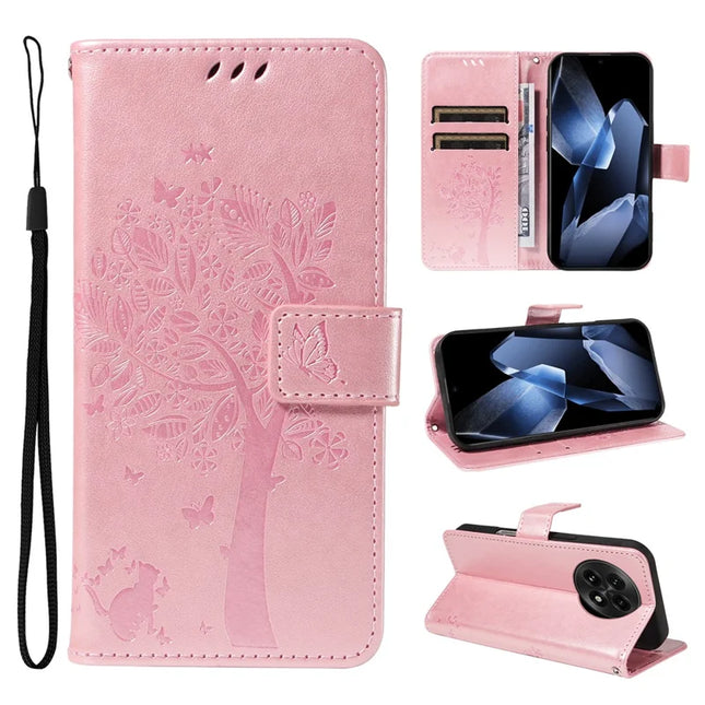 For OnePlus 13 Leather Phone Case Cat Tree Pattern Design Wallet Cover Stand - Rose Gold