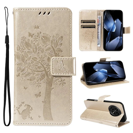 For OnePlus 13 Leather Phone Case Cat Tree Pattern Design Wallet Cover Stand - Gold