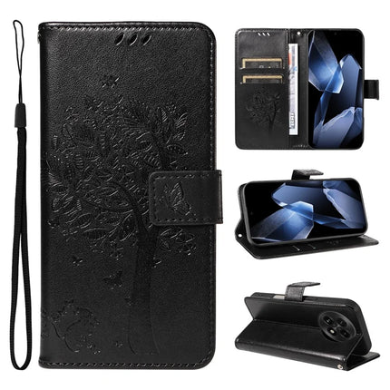 For OnePlus 13 Leather Phone Case Cat Tree Pattern Design Wallet Cover Stand -  Black