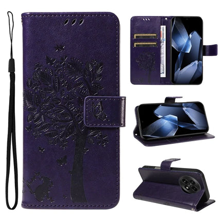 For OnePlus 13 Leather Phone Case Cat Tree Pattern Design Wallet Cover Stand - Purple