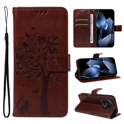 For OnePlus 13 Leather Phone Case Cat Tree Pattern Design Wallet Cover Stand - Coffee