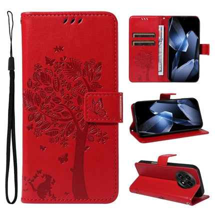 For OnePlus 13 Leather Phone Case Cat Tree Pattern Design Wallet Cover Stand - Red