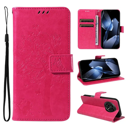 For OnePlus 13 Leather Phone Case Cat Tree Pattern Design Wallet Cover Stand - Rose