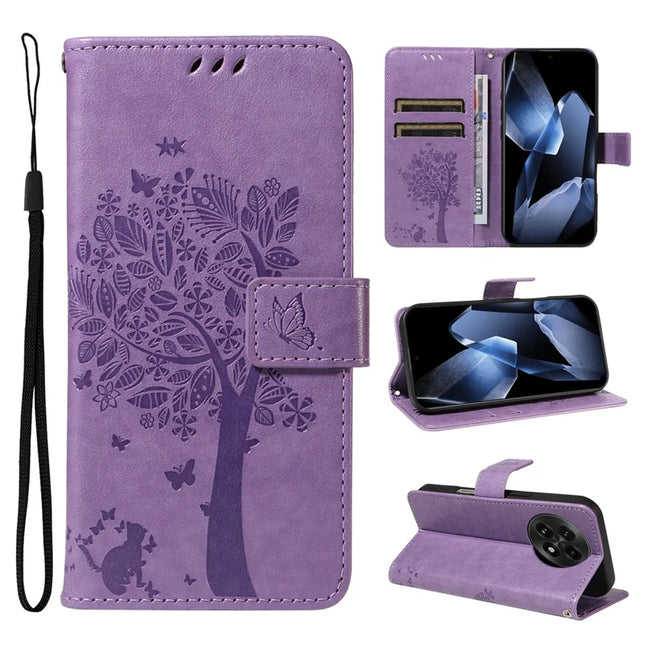 For OnePlus 13 Leather Phone Case Cat Tree Pattern Design Wallet Cover Stand -  Light Purple