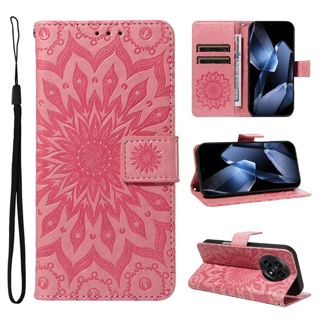 For OnePlus 13 Leather Wallet Case Sunflower Imprinted Phone Cover - Pink