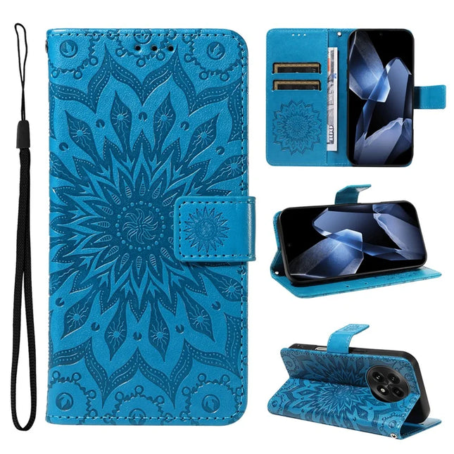 For OnePlus 13 Leather Wallet Case Sunflower Imprinted Phone Cover - Blue