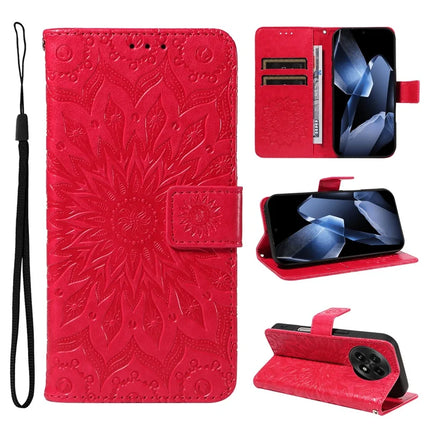 For OnePlus 13 Leather Wallet Case Sunflower Imprinted Phone Cover - Red