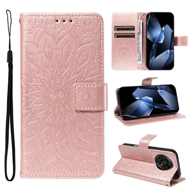 For OnePlus 13 Leather Wallet Case Sunflower Imprinted Phone Cover -  Rose Gold