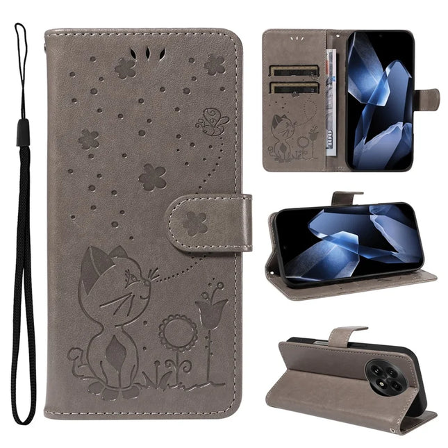 For OnePlus 13 Leather Wallet Case Cat Bee Pattern Phone Cover Stand - Grey