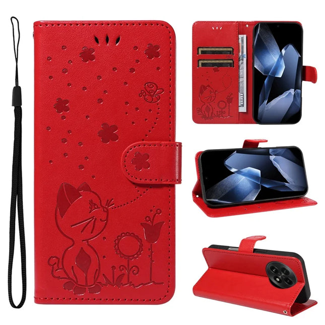 For OnePlus 13 Leather Wallet Case Cat Bee Pattern Phone Cover Stand - Red