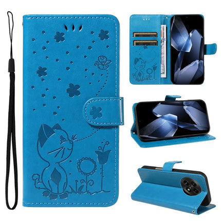 For OnePlus 13 Leather Wallet Case Cat Bee Pattern Phone Cover Stand - Blue