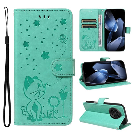 For OnePlus 13 Leather Wallet Case Cat Bee Pattern Phone Cover Stand - Green