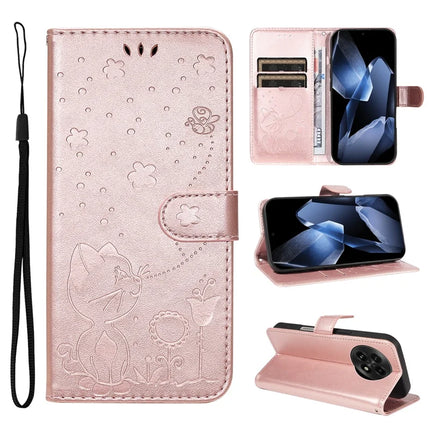 For OnePlus 13 Leather Wallet Case Cat Bee Pattern Phone Cover Stand - Rose Gold