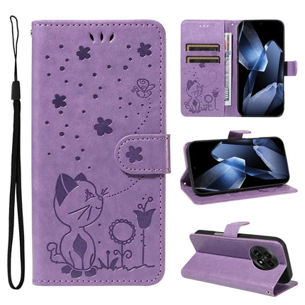 For OnePlus 13 Leather Wallet Case Cat Bee Pattern Phone Cover Stand - Purple