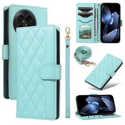 For OnePlus 13 Wallet Case Rhombus Leather Phone Cover with Strap - Green