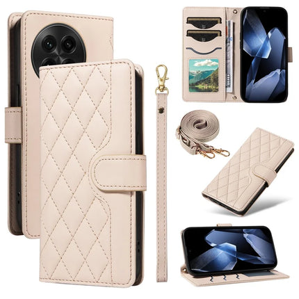 For OnePlus 13 Wallet Case Rhombus Leather Phone Cover with Strap - Apricot