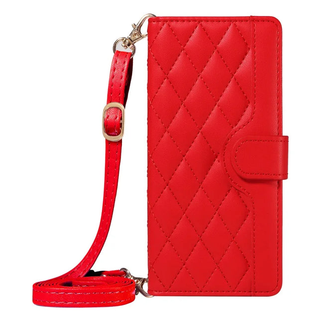 For OnePlus 13 Wallet Case Rhombus Leather Phone Cover with Strap -  Red