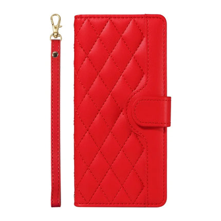 For OnePlus 13 Wallet Case Rhombus Leather Phone Cover with Strap -  Red