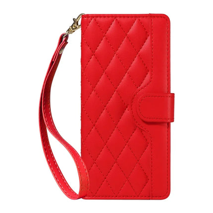 For OnePlus 13 Wallet Case Rhombus Leather Phone Cover with Strap -  Red