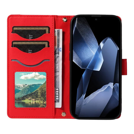 For OnePlus 13 Wallet Case Rhombus Leather Phone Cover with Strap -  Red