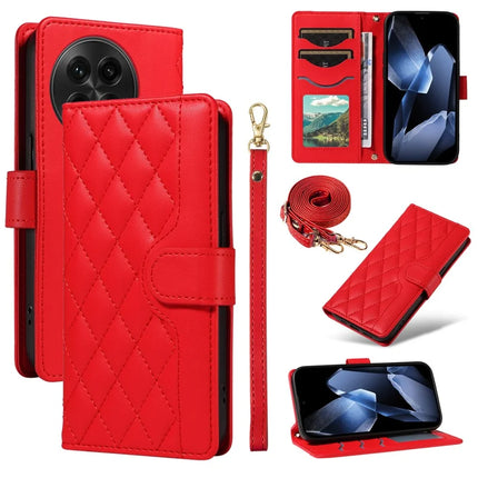 For OnePlus 13 Wallet Case Rhombus Leather Phone Cover with Strap -  Red