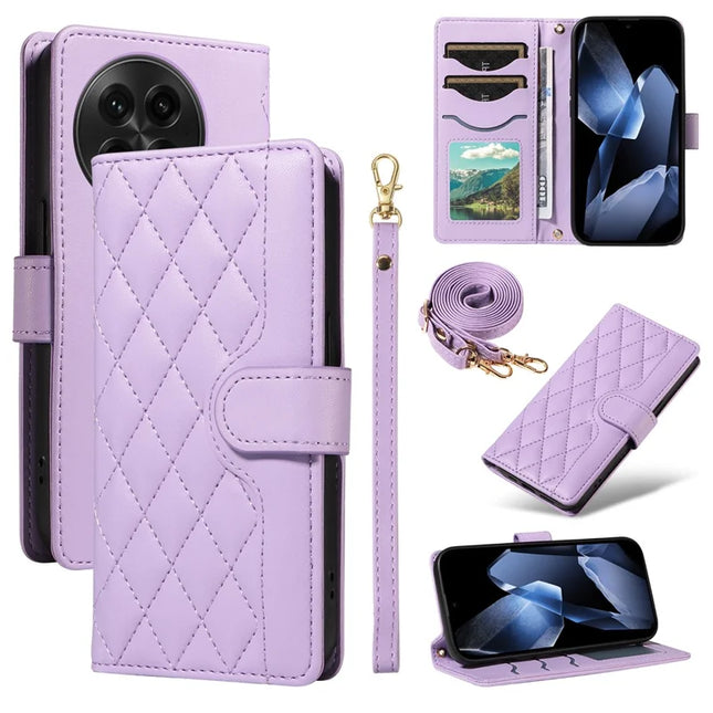 For OnePlus 13 Wallet Case Rhombus Leather Phone Cover with Strap -  Light Purple