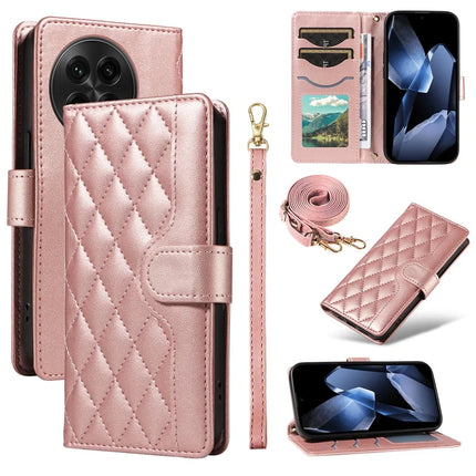 For OnePlus 13 Wallet Case Rhombus Leather Phone Cover with Strap -  Rose Gold