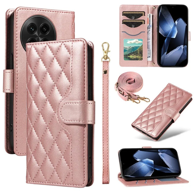 For OnePlus 13 Wallet Case Rhombus Leather Phone Cover with Strap -  Rose Gold