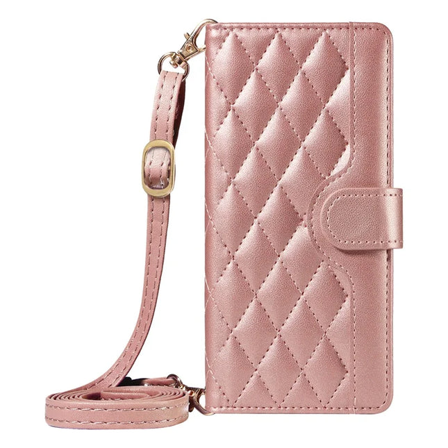 For OnePlus 13 Wallet Case Rhombus Leather Phone Cover with Strap -  Rose Gold