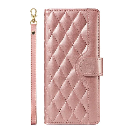 For OnePlus 13 Wallet Case Rhombus Leather Phone Cover with Strap -  Rose Gold