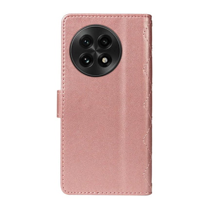 For OnePlus 13 Wallet Case Rhombus Leather Phone Cover with Strap -  Rose Gold