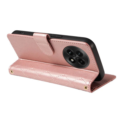 For OnePlus 13 Wallet Case Rhombus Leather Phone Cover with Strap -  Rose Gold