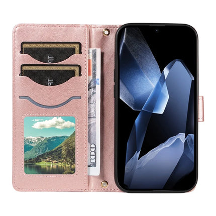 For OnePlus 13 Wallet Case Rhombus Leather Phone Cover with Strap -  Rose Gold